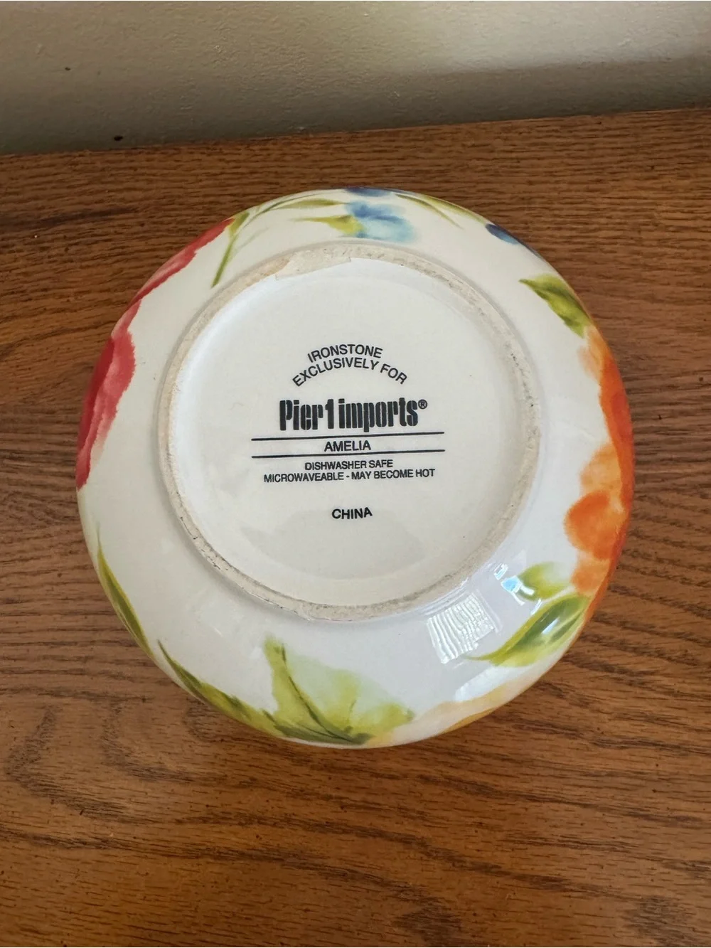 Pier 1 Red Floral Ceramic Serving Bowl with Green Leaves